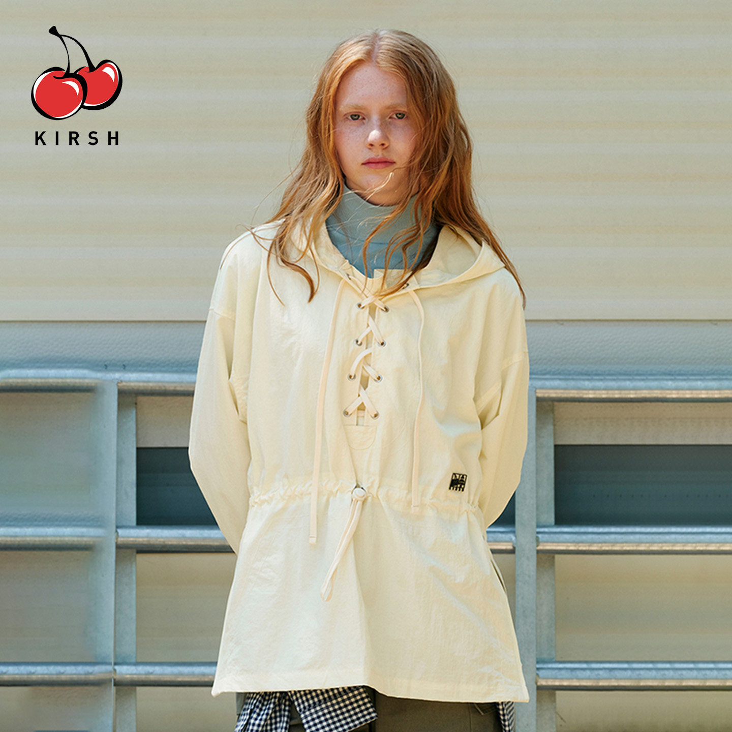 kirsh米白色系带设计连帽衫女春秋宽松休闲抽绳收腰卫衣夹克外套