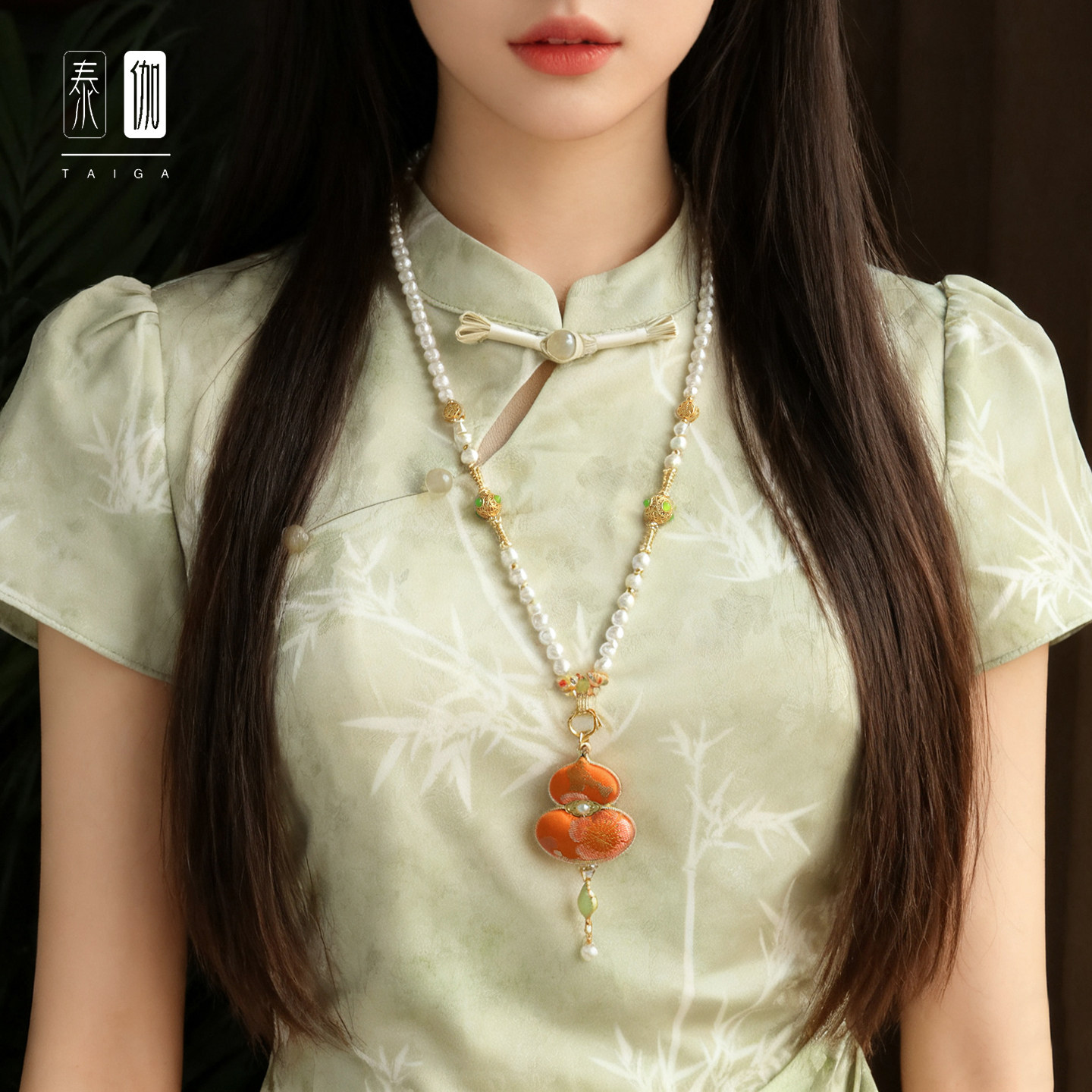 新品宋锦福禄吊坠珍珠贝挂链古风项链汉服旗袍配链毛衣链秋冬配饰