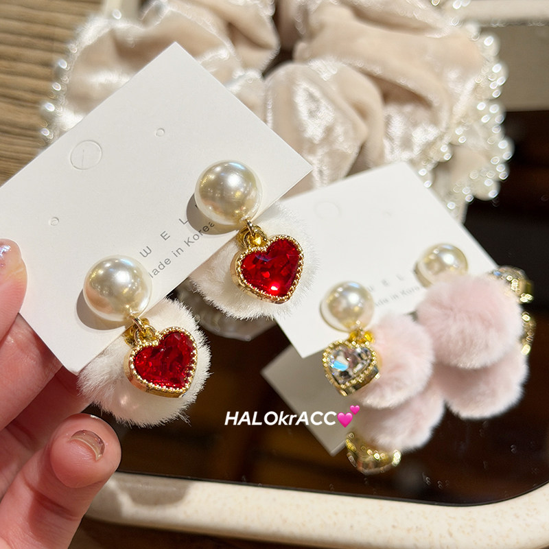 HALOkrACC韩国进口 可爱冬日呆萌暖绒毛球小钻爱心红白少女耳钉,饰品/流行首饰/时尚饰品新,耳钉,淘宝优惠券,粉丝福利购,淘宝优惠卷