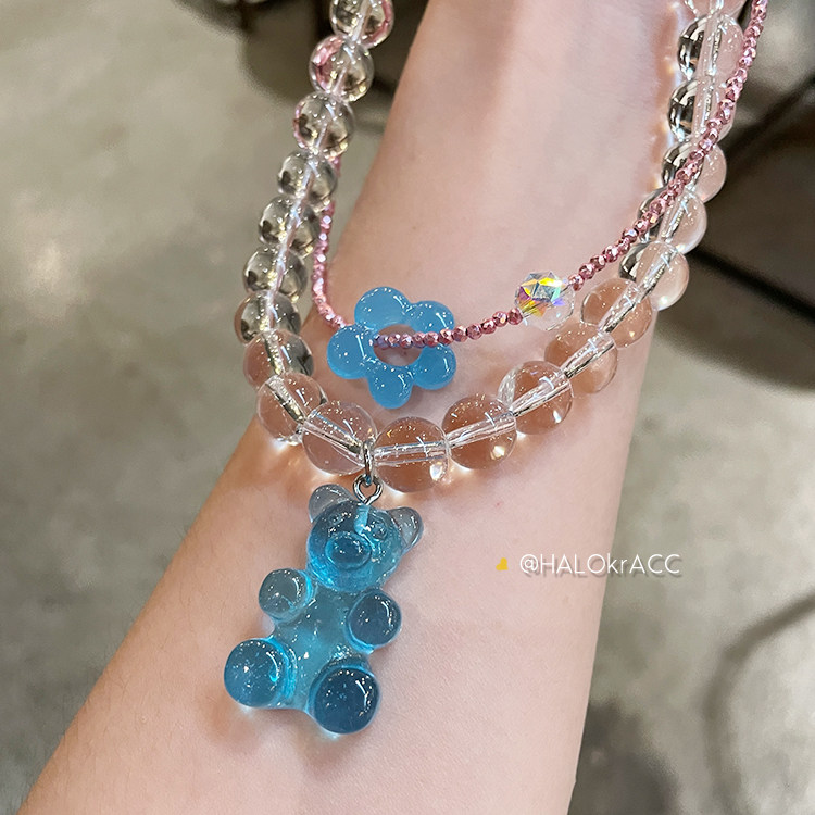 HALOkrACC韩代 摇曳风铃 冰透白水晶 浆果蓝色透明小熊串珠项链