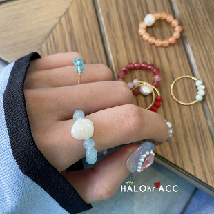 HALOkrACC韩国进口天然矿石裂纹水晶珍珠串珠戒指