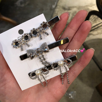 HALOkrACC韩国进口y2k金属风格银色闪钻蝴蝶结一字发夹