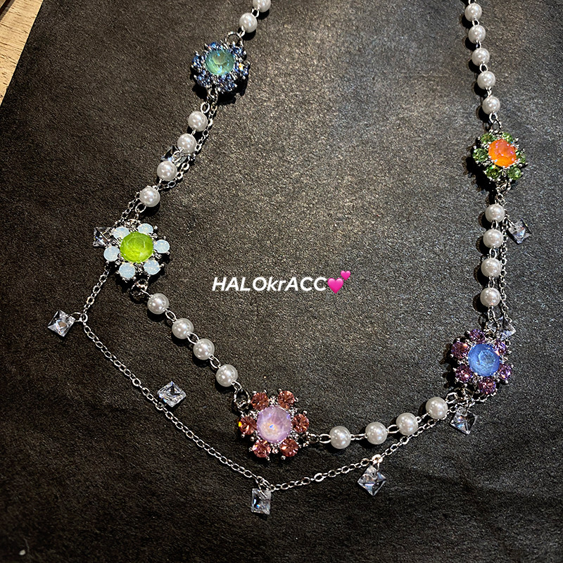 HALOkrACC韩代s水晶 五色海洋糖果俏皮搭配珠钻镶嵌流苏项链颈链