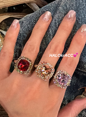 HALOkrACC韩代s水晶 大颗炫闪切割炫彩方钻 贵气戒指 开口