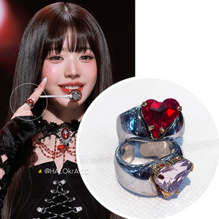 银色亮面金属戒指 水钻粉红爱心歪心 HALOkrACC韩代ive张元 英同款