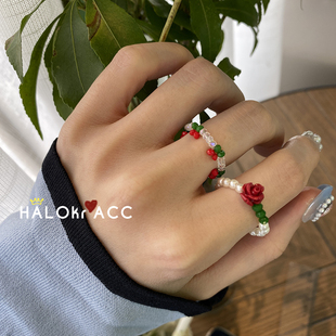 HALOkrACC韩国进口红色系串珠复古优雅风格玫瑰花小樱桃水晶戒指