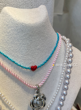 HALOkrACC韩代电光蓝红心项链