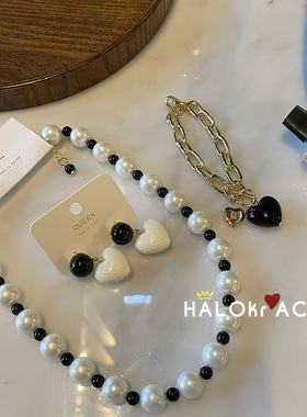 韩国代购奶油黑白爱心耳钉项链