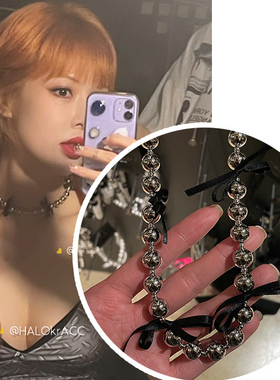 HALOkrACC韩代金泫雅同款 银亮圆珠 黑色丝带蝴蝶结 项链颈链