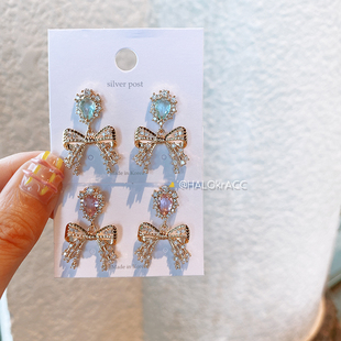 HALOkrACC韩国东大门BZ精工烟花火花 粉薄荷圆水晶蝴蝶结耳钉
