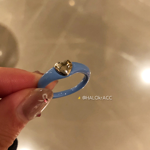 HALOkrACC韩代 低饱和黄蓝色 奶油金属爱心 戒指