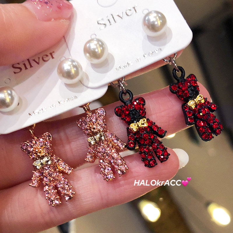 HALOkrACC韩国进口 呆萌小熊 红粉镶钻闪烁可爱前后耳钉,饰品/流行首饰/时尚饰品新,耳钉,淘宝优惠券,粉丝福利购,淘宝优惠卷