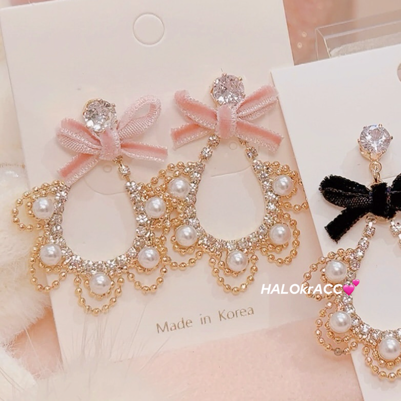 HALOkrACC韩国进口 清甜小仙女蕾丝花边钻丝绒蝴蝶结少女耳钉耳饰,饰品/流行首饰/时尚饰品新,耳钉,淘宝优惠券,粉丝福利购,淘宝优惠卷