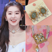 HALOkrACC韩国Irene裴珠泫孙珍妮章若楠 宫廷复古绿宝石耳钉项链