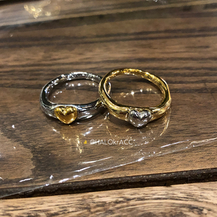 戒指 简约百搭 HALOkrACC韩国进口 简约金银色y2k爱心撞色金属风格