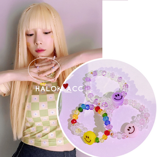 HALOkrACC韩国进口串珠金泰妍同款冰晶可爱笑脸小花松紧戒指