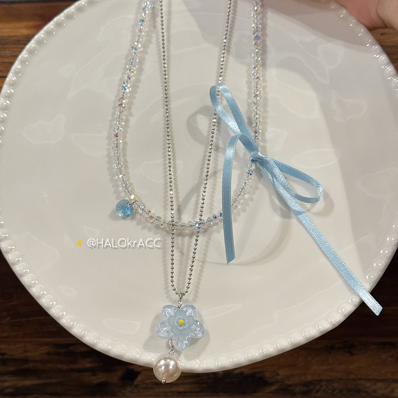 HALOkrACC韩代 s水晶 软糖天空温柔花朵粉蓝丝带 双层串珠项链