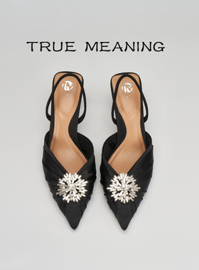 TrueMeaning舒适羊皮高跟鞋尖头包头温柔缎面半拖鞋女