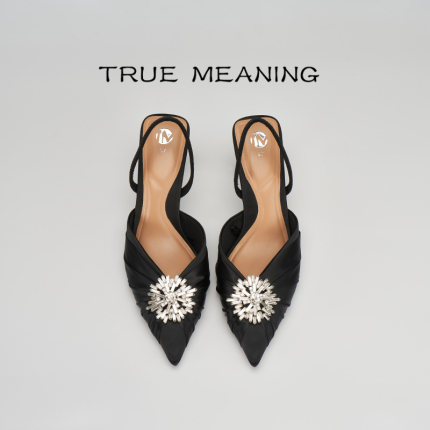 TrueMeaning舒适羊皮高跟鞋尖头包头温柔缎面半拖鞋女