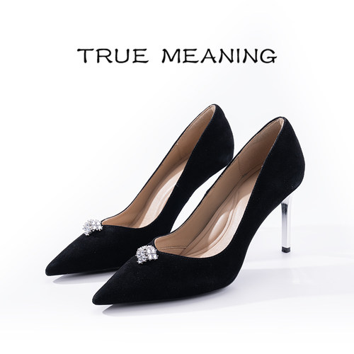 TrueMeaning绒面钻扣宴会细跟鞋
