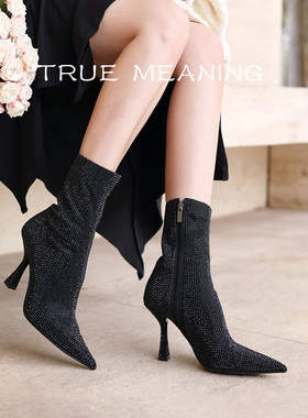 TrueMeaning新款尖头黑金满钻高跟鞋宴会酒吧高跟鞋瘦瘦短靴