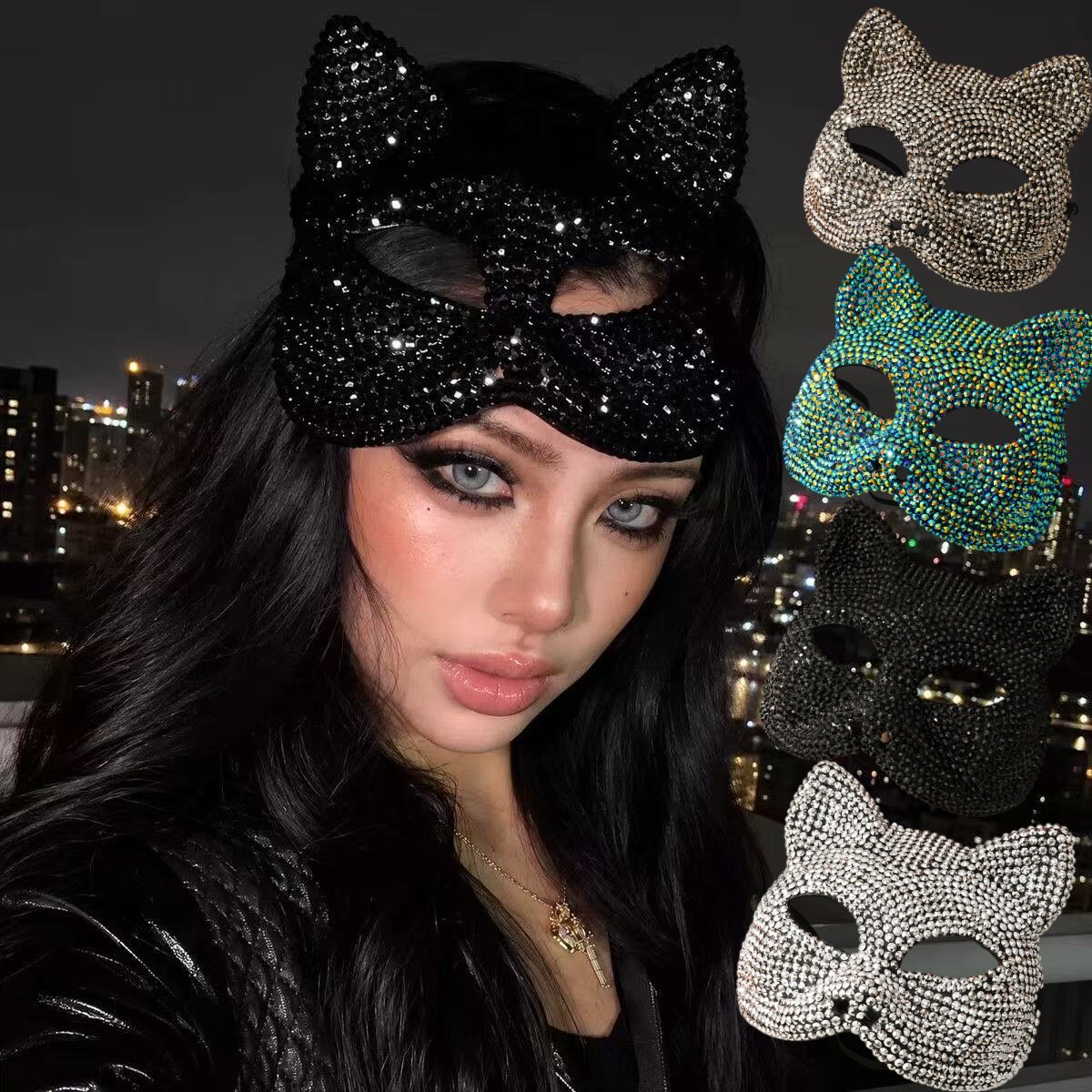 水钻猫脸面具万圣节cosplay神秘感半脸面罩派对拍照道具