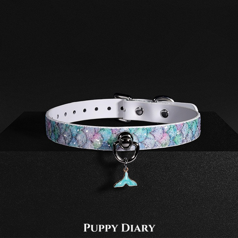 Puppy*真皮项圈人鱼亮片choker女狗牌刻字男项链情侣配饰牛皮饰品