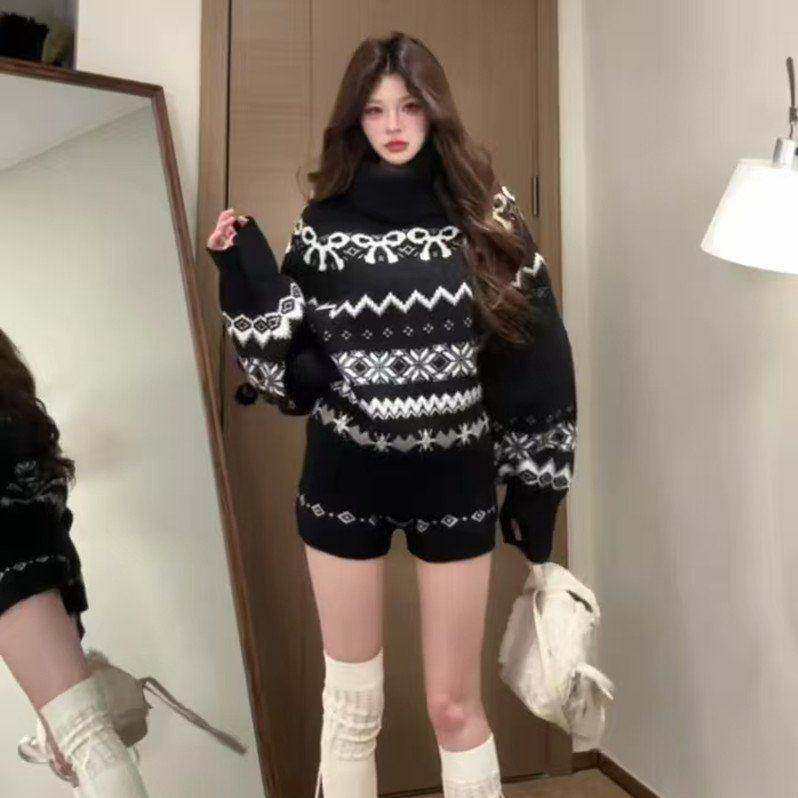 费尔岛高领毛衣女秋冬新款复古针织上衣显瘦韩系氛围感短裤两件套,女装/女士精品,时尚套装,淘宝优惠券,粉丝福利购,淘宝优惠卷