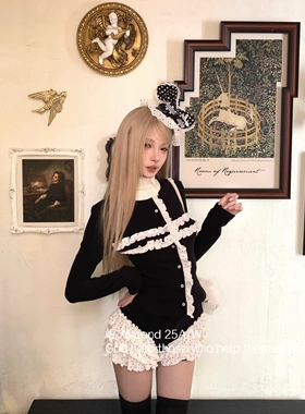 崛 Ascend-辣妹花边十字架开衫+波点花瓣裙裤套装(配围脖)HH6009