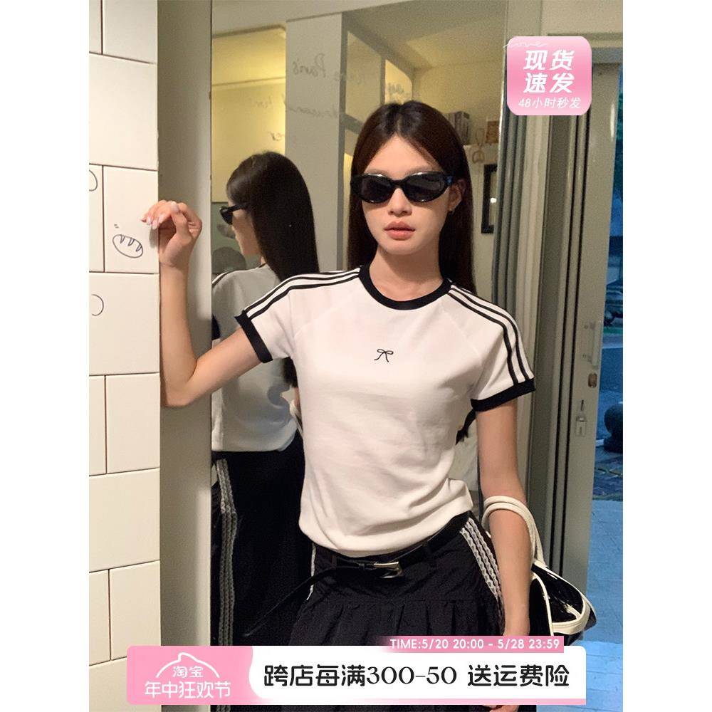 宋正恩条纹正肩白色短袖t恤女夏季新款蝴蝶结修身显瘦短款小上衣