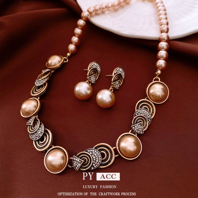 项链锁骨高级感复古vintage链套装中古吊坠耳环珍珠首饰圆形镶钻