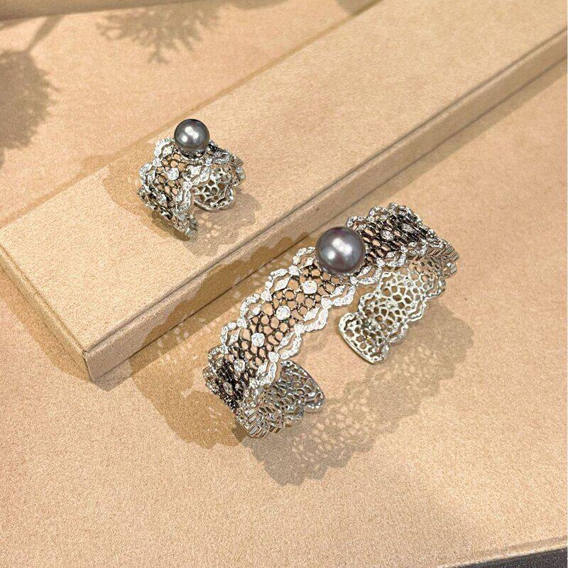 女镂空手镯仿网状黑天鹅珍珠蕾丝套装爆款满天星小红书戒指满钻