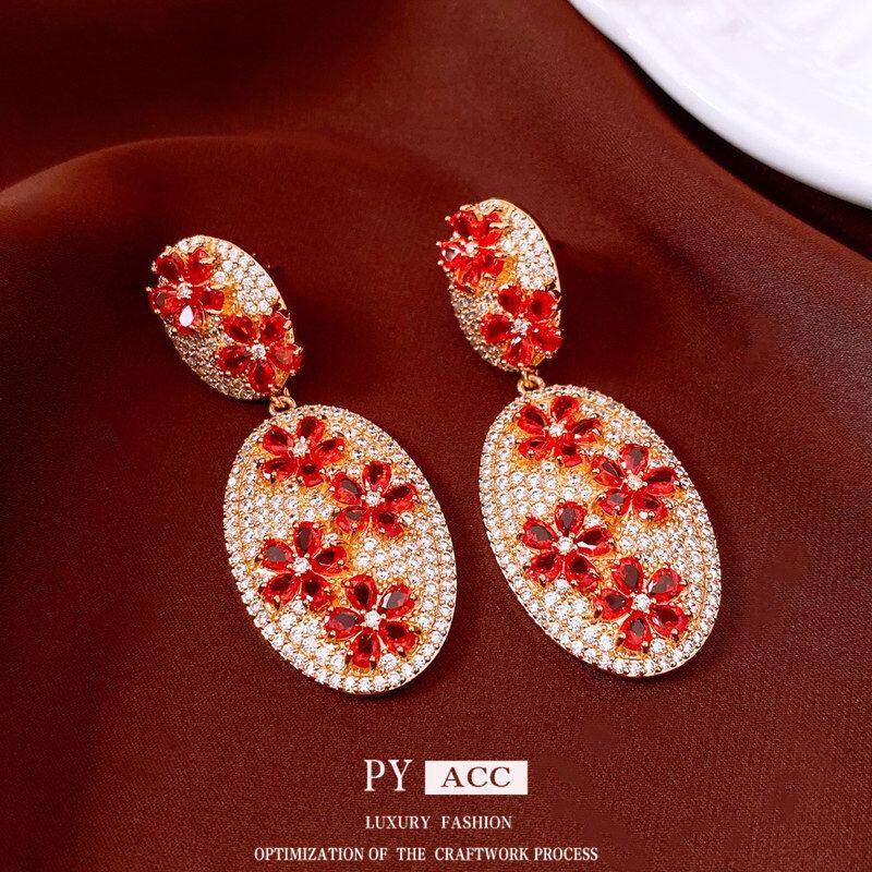 银针中古复古耳环轻奢风锆石耳饰vintage吊坠女高级耳钉花朵时尚