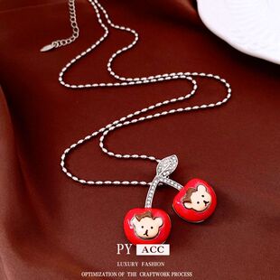 调节项链毛衣链吊坠滴油小众百搭红色休闲设计感风通勤项饰樱桃可