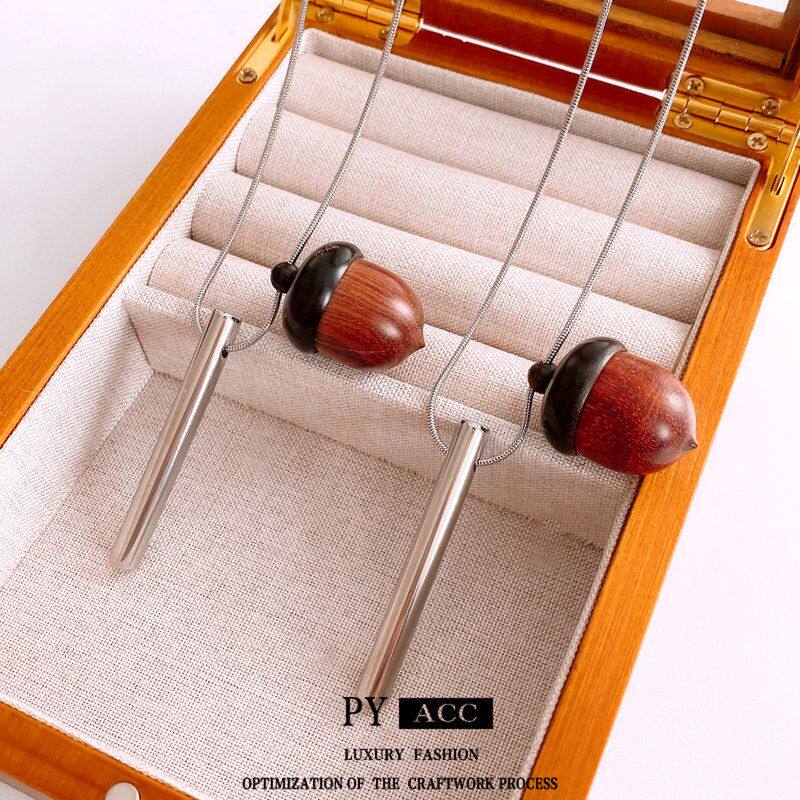 民族风小众木头高级感吊坠复古项饰时尚橡果毛衣链简约设计感项链