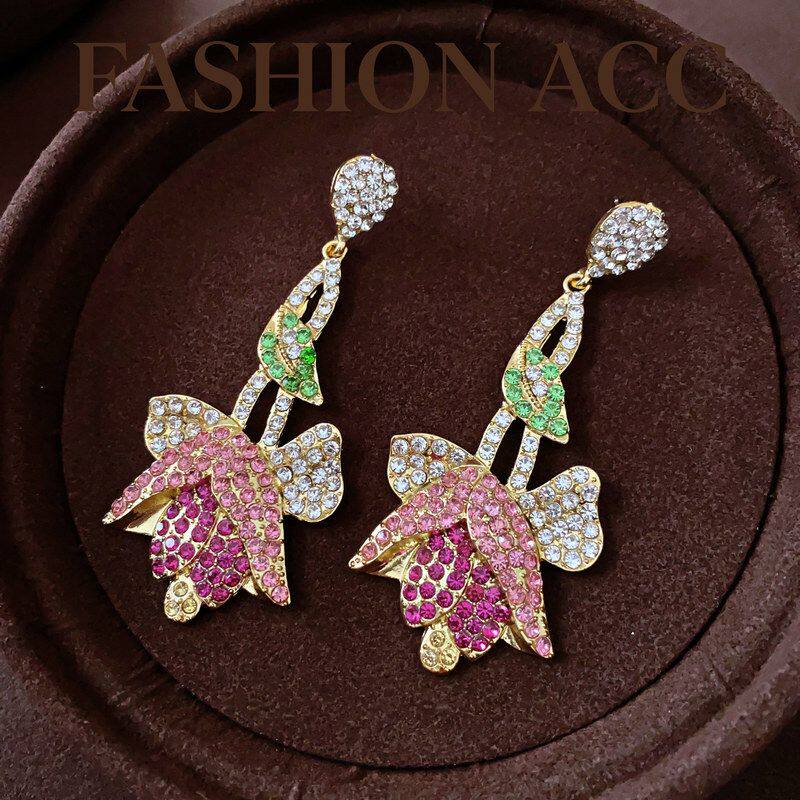 vintage中古宫廷风设计感耳钉小众镶钻耳环花朵耳饰吊坠银针复古