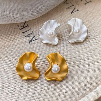 针耳钉纯银褶皱玻璃珍珠潮流时尚欧美个性高级感925金属耳钉耳饰