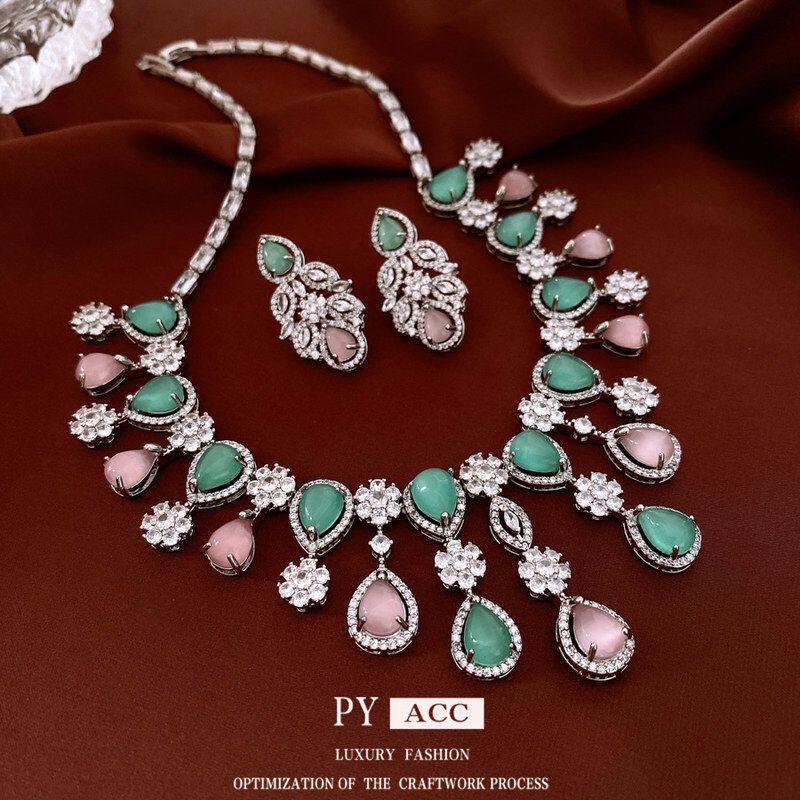 水滴项链首饰链轻奢套装银针锁骨猫眼石宫廷风锆石耳环法式高级感