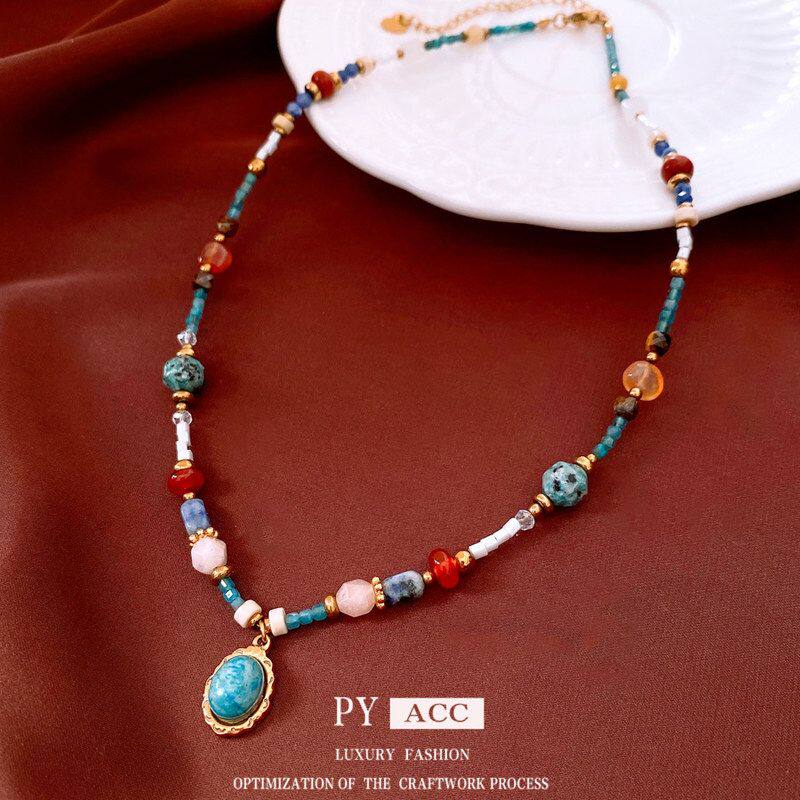 锁骨简约石头链复古项链彩色串珠圆形百搭vintage中古民族风项饰