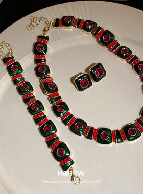 vintage中古拼接镶钻方形套装链