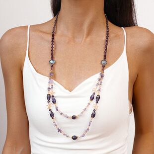 紫水晶长款复古串珠小众高级感个性欧美玻璃项饰气质多层时尚项链