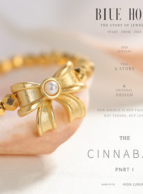 Blue hour新中式蝴蝶结珍珠戒指女款轻奢高级感复古S925纯银指环