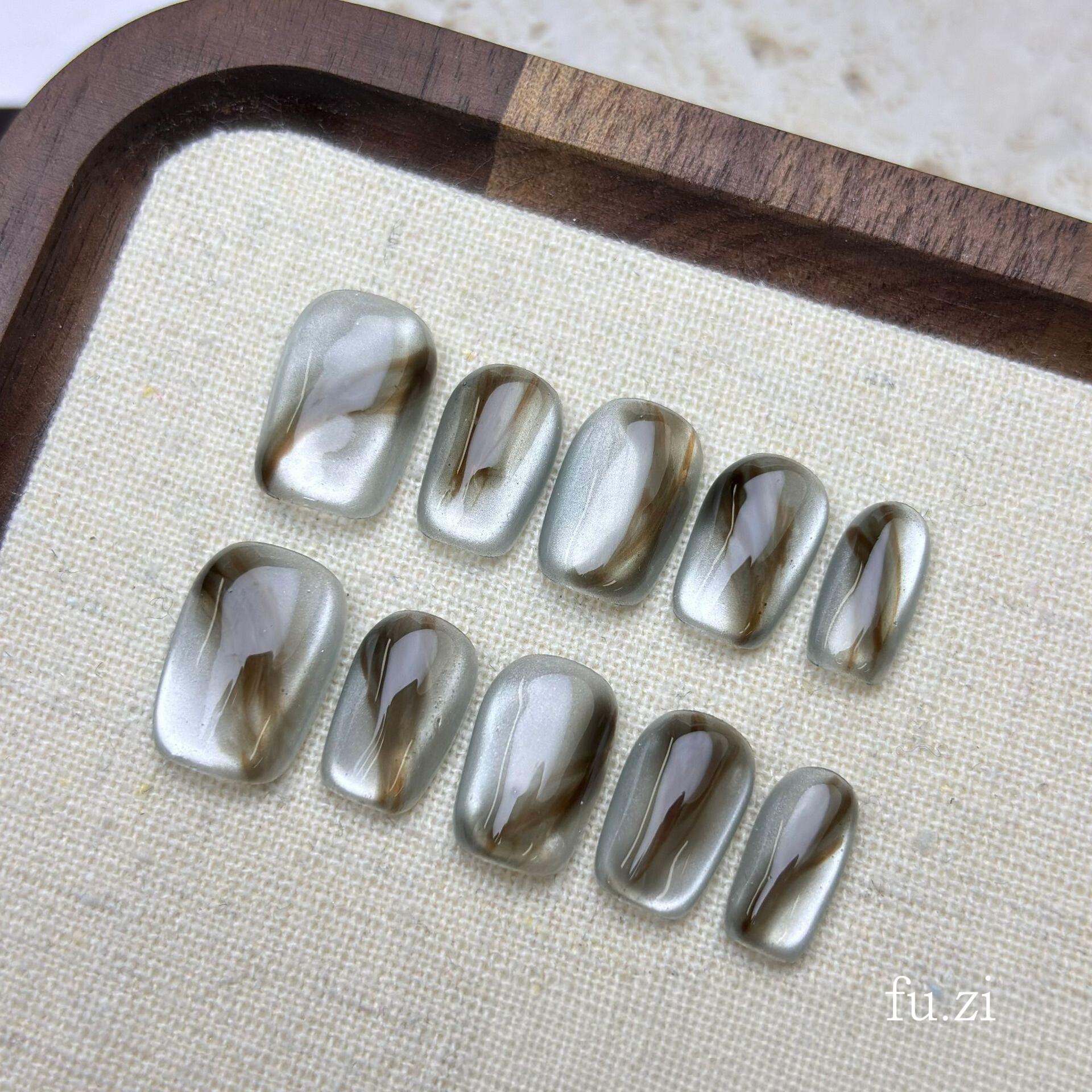 水墨猫眼|纯手工高端水彩穿戴甲2025新款高级感短款绝美重工美甲