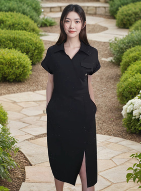 Miele Kohler夏季纯色简约口袋设计翻领短袖连衣裙子女MKAX86978