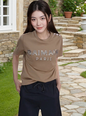 Miele Kohler夏季新款百搭重工烫钻肩扣设计圆领短袖T恤MKKQ86972