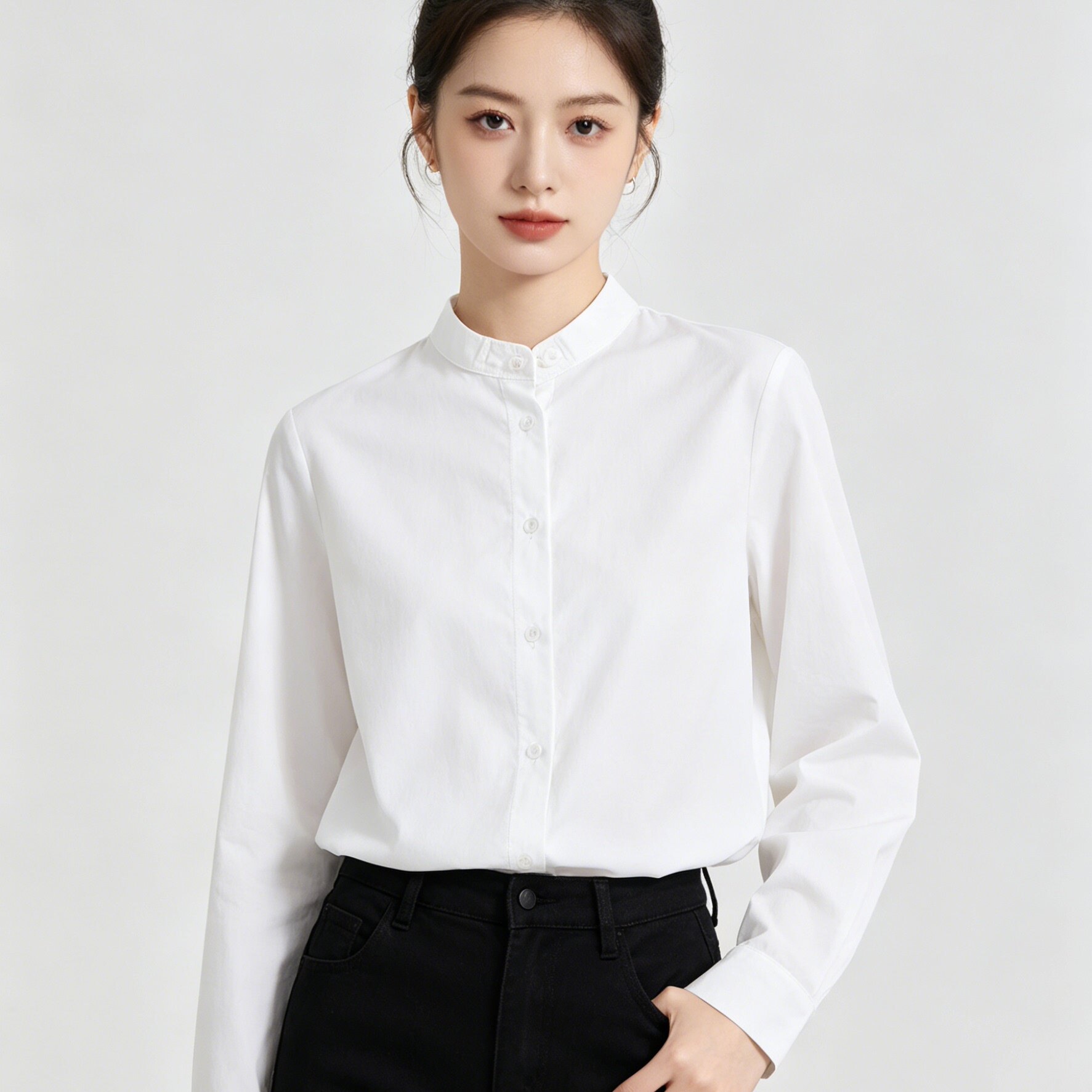 春季新款百搭通勤立领长袖衬衫女图片