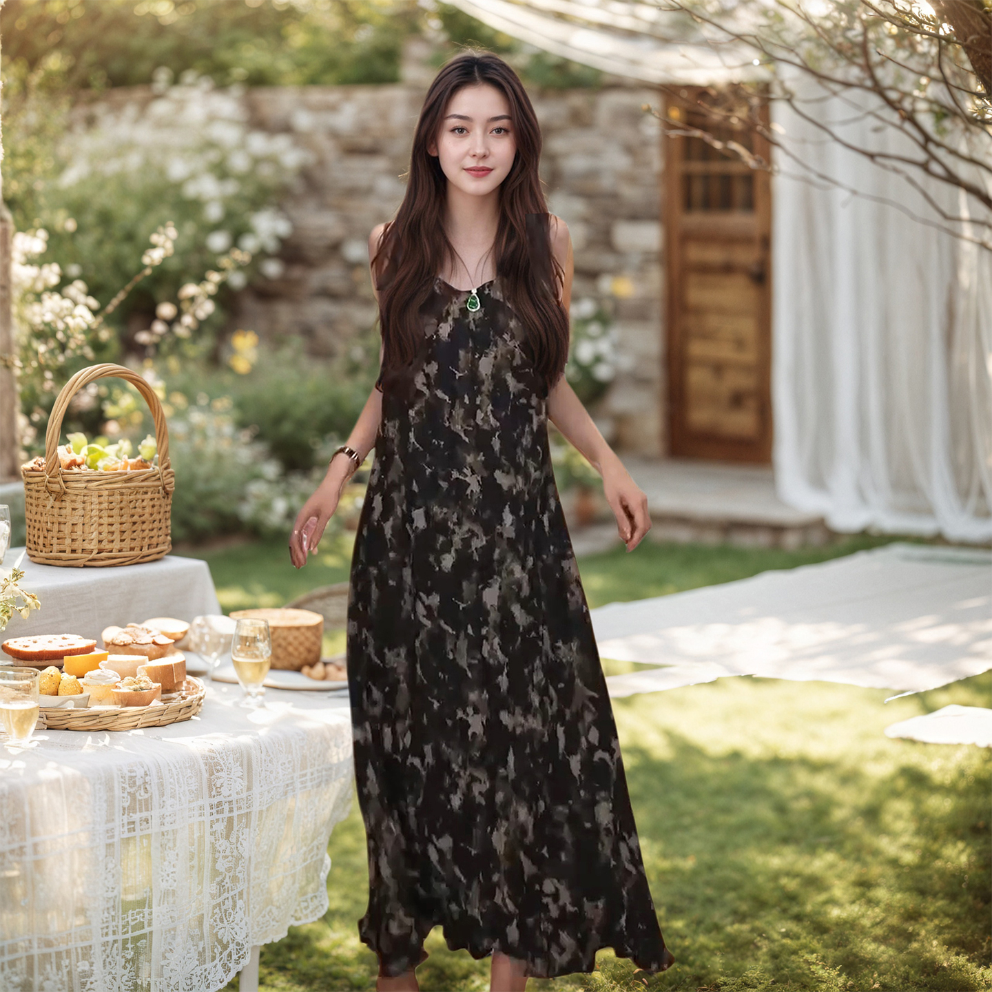 Miele Kohler夏季新款复古黑色大花朵印花吊带连衣裙女MKKQ89898