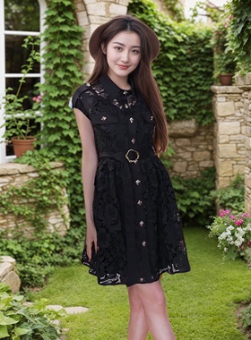 Miele Kohler夏季新款重工镂空蕾丝设计单排扣连衣裙女MKAX82646