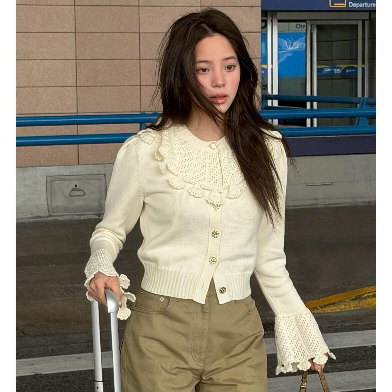 maSande2026秋季新款甜美风娃娃领喇叭袖荷叶边流苏短款针织开衫