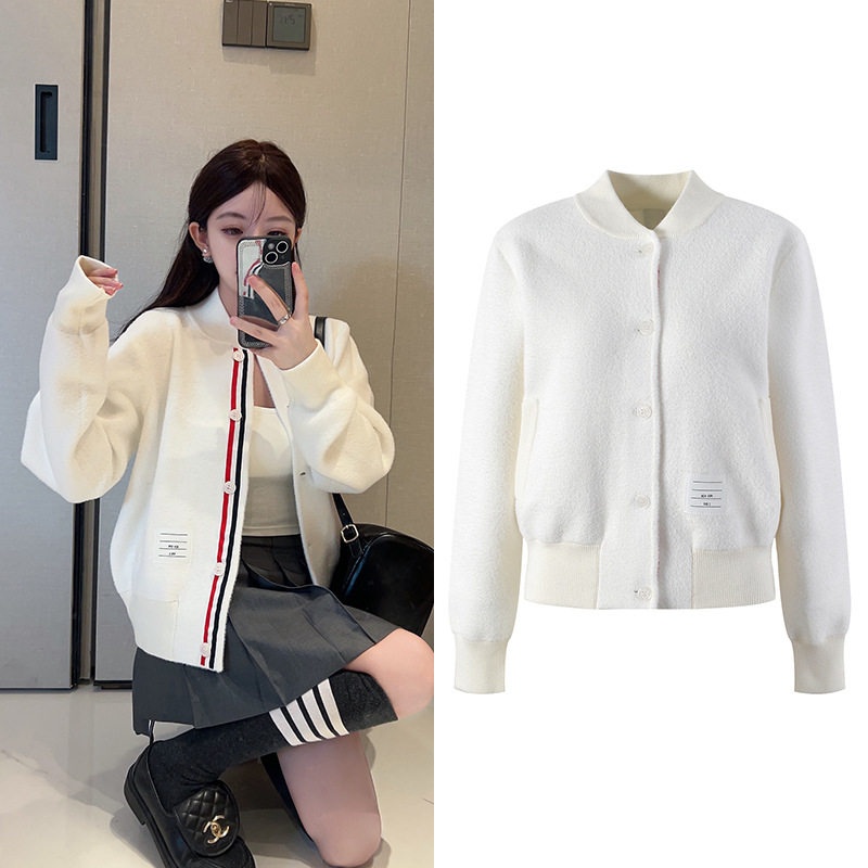 2025新款简约运动宽松彩色织带棒球服女秋冬新款潮流白色夹克外套